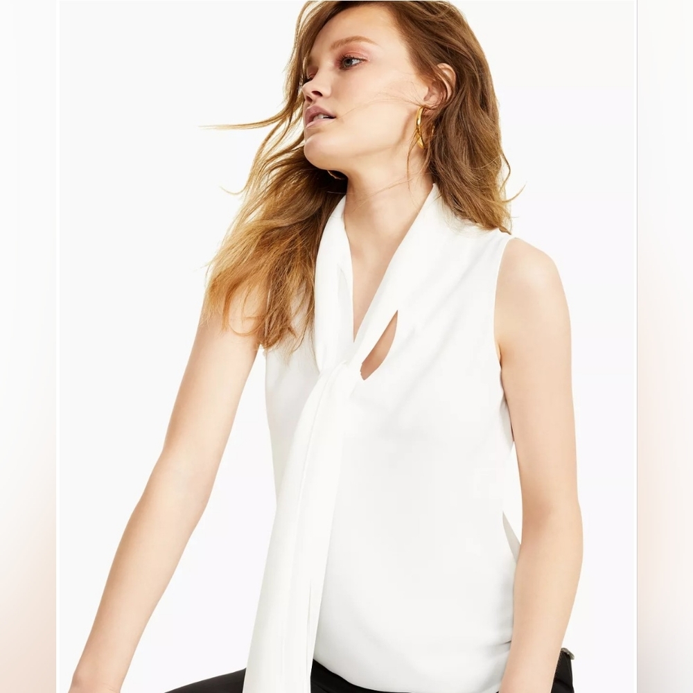 NWT! Bow Neck Tie Front Silky Smooth Women's Bar III Sleeveless Blouse S… - Picture 5 of 11